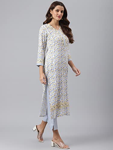 Image of GoSriKi Women's Cotton Blend Straight Printed Kurta with Pant & Dupatta (Mulhar STY-GO)