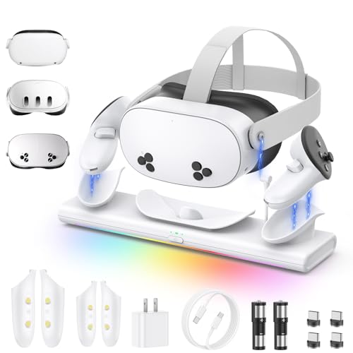 Charging Dock for Meta Quest 3S/3/2, PD 20W Fast Charging Station-Meta/Oculus Quest 3S/3/2 Accessories, Magnetic Charger Stand for VR Headset/Controller, RGB Light, Rechargeable Batteries&USB-C Cable
