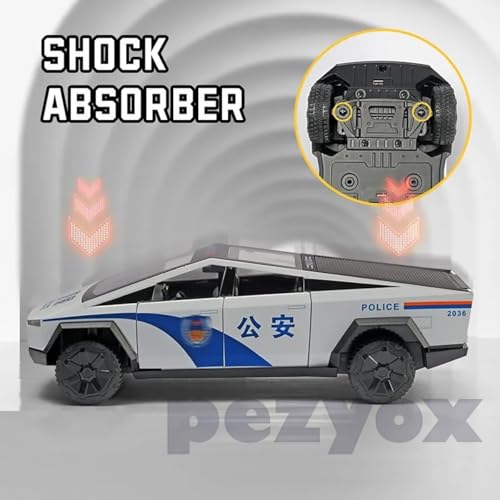 Image of 1:24 Scale Die-Cast CyberTruck Police【Free Wheel】 with 6 Openable Doors,Steerable Tyres,Working Horn,Working Lights (White)