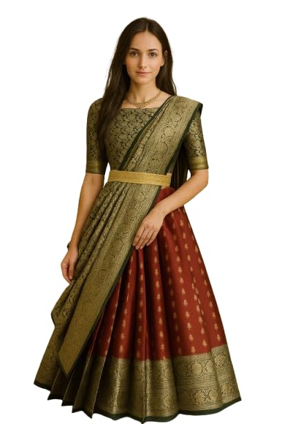 Image of ZITON Women's Indian Traditional Kanjivaram Silk Pure Weaving Lehenga Choli Along With Dupatta And Blouse Piece, Half Saree (Unstitched)