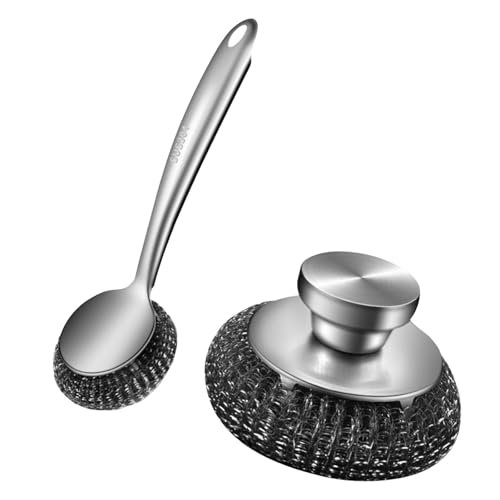 Limpiador de platos de metal con mango ergonómico, juego de cepillos de metal para hornos y herramientas de limpieza de estantes, ollas y sartenes