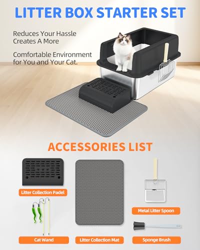 Arenero para gato de acero inoxidable extra grande con tapa negro miniatura 4