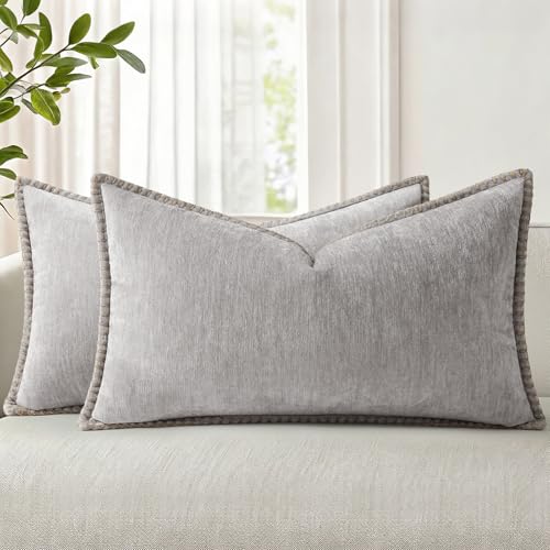 Image of decorUhome Fall Chenille Soft Cozy Throw Pillow Covers 12x20 Set of 2, Modern Farmhouse Boho Velvet Decorative Pillow Cases with Stitched Edge for Couch Sofa Bed Home Decor, Neutral Gray