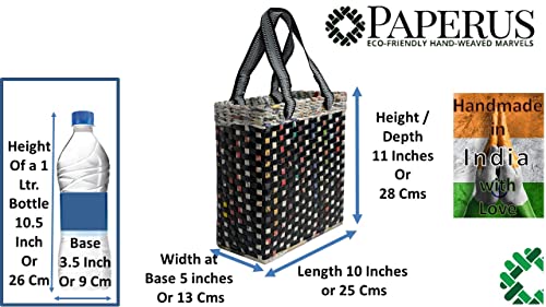 Image of Paperus Re-usable Small Black Check Carry Bag, Shopping Bag, Handbag, Tiffin Basket, Lunch Bag, Eco-friendly, Handmade, of Paper Ropes 11 In Tall 10 In Length 5 In Wide Base
