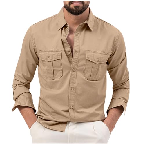 Christmas Shirt 2025 Men's Button Down Shirt Long Sleeve Military Casual Style Cargo Tactical Work Shirt Breathable Hiking Fishing Shirts Khaki,X-Large