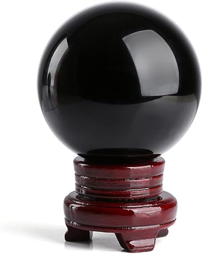 Miniatura 6 de Loverain Esfera pequeña de cristal de obsidiana negra con soporte decorativo de madera para meditación, curación, Feng Shui (2.36 pulgadas)