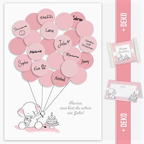 Mia Félice Gästebild 1. Geburtstag, Erster Geburtstag, Geschenk, Gastgeschenk, Deko, Andenken, Idee, Glückwünsche, Fingerabdruck, Erinnerungsstück, zum beschreiben Elefant mädchen rosa
