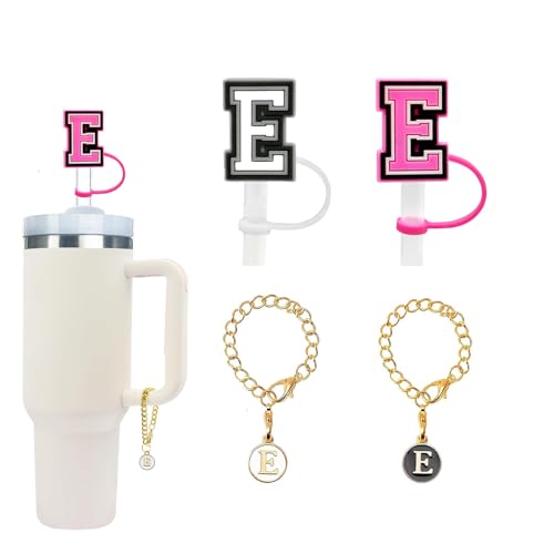 Erzgebirgische 2PCS Straw Cover Cap for Stanley Cup 30&40 Oz 10mm Straw Toppers with 2PCS Initial Personalized Letter Charms Stanley Cup Accessories for Stanley Tumbler (Letter E)