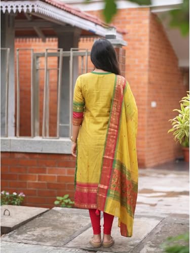 Image of TWINLIGHT Women's Kanchi Cotton Jaquard Work Kurta and Dupatta Set with V Neck 3 /4 Sleeves Straight Calf Length Kurti and Jaquard Work Border Dupatta
