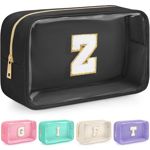 WELIDAY Initial Clear Makeup Bag, Birthday Gift Chenille Patch Cosmetic Bag