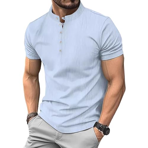 Men Retro Cotton Linen Solid T-Shirts Quarter Button Casual Henry Shirt Summer Slim Fit Comfortable Pullover Tops (Light Blue,X-Large)