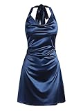 ZAFUL Women Halterneck Satin Mini Dress Sexy Cowl Neck Silky Party Cocktail Club Dress (Navy Blue-Halter-A, XL)