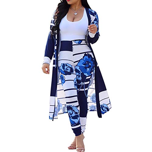 CQWL Womens Fashion Printed Long Cardigans 2 Piece Outfits,Long Sleeve Coat and Trousers Set Blue