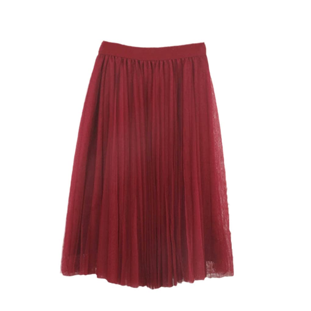 SePkus Faldas de Tul de 4 Capas Falda de Tul para Mujer Falda Midi Plisada de Cintura Alta elástica (Borgoña Talla única)