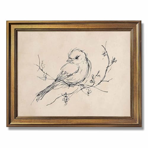 Gold Framed Vintage Bird Sketch Canvas Poster Minimalist Framed W...