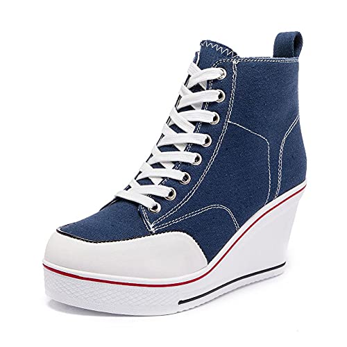 Mei MACLEOD High Heel Sneakers for Women Wedge Heel Sneaker with Side Zipper Casual Lace Up Canvas Shoes for College Students
