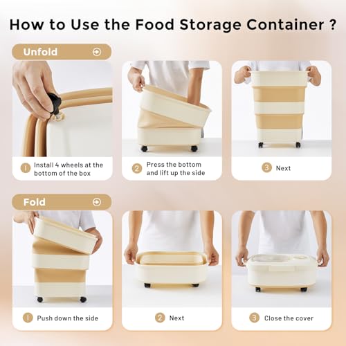 40-50lbs Dog Food Storage Container, Large Capacity Collapsible Airtight Pet Food Storage Containers with Rolling Wheels, Transparent Lid, Scoop and Date Track, Khaki - Image 6