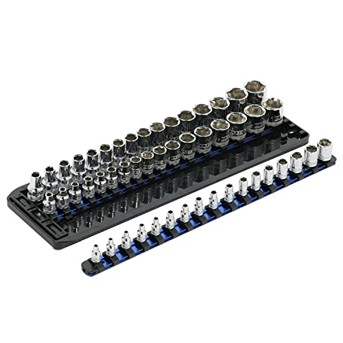 ARES 60146 - SOCKET VAULT™ 3-Piece 17-Inch Blue Socket Rail Set with Organizer Tray – Reinforced Plastic Tray Holds 3 Aluminum Rails Locked in Place – 50 1/4-Inch, 3/8-Inch, and 1/2-Inch Drive Clips