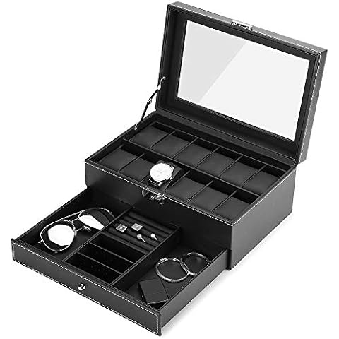 JS NOVA JUNS Watch Boxes for Men Women, 12 Slots PU Leather Lockable Watch Storage Boxes with Jewelry Display Drawer, Black Cover