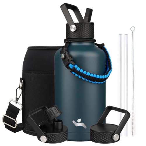 Image of Konokyo Half Gallon Insulated Water Bottle with Straw,64 oz 3 Lids Water Jug with Carrying Bag,Paracord Handle,Double Wall Vacuum Stainless Steel Metal Flask,Navy Blue
