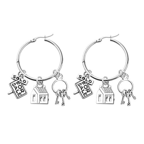 FEELMEM Realtor House Key Charms Big Circle Hoop Earrings Real Estate Agents Jewelry For Home Seller Realtor Salesman Gift (silver)