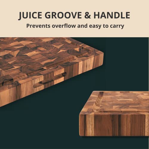 Large End-Grain Teak Wood Cutting Board, [17"L X 13"W X 1.5"T] Juice Groove, Reversible, Built-In Hand Grips By Shumaru California #TOP3