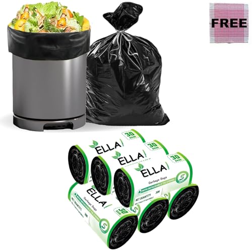 Image of Ella Garbage Bags 17x19 Inches (Small) 180 Bags (6 Rolls) | Leak Proof & Tear Resistant Trash Bags for Kitchen & Commercial Use | Dustbin Bags For Dry & Wet Waste With Free Check Duster Cloth-Black