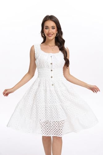 Women's 2025 Summer Short Dress Square Neck Hollow Out Lace Casual Beach Dresses4