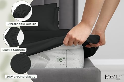 Image of Royale Linens 100% Organic Cotton Twin Fitted Sheet Only - Percale Weave - Super Soft Deep Pocket Bottom Sheets - Black Elastic Sheet - Twin Size Fitted Sheets Only - (39 inchx75 inch+15 inch, Black)