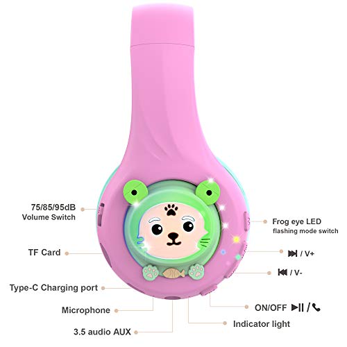 Riwbox Kids Bluetooth Headphones, Baosilon Fb-7S Frog Kids Toddler Headphones For School With Mic, 75/85/95Db Volume Limited Light Up Wireless Headphones Over Ear For Girls (Pink&Green) #TOP5
