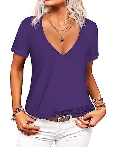Zeagoo T Shirt Femme Col V Haut Manches Courtes Basique Tshirt Ete Chemisier Tunique Violet