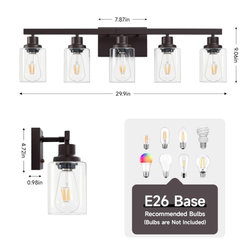 Image of 5-Light Oil Rubbed Bronze Bathroom Light Fixtures,30 inch Vanity Light | Modern Bronze Bathroom Lighting with Clear Glass Shades,Bathroom Wall Sconece over Mirror Sink Cabinet