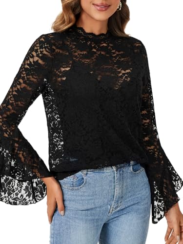 Vrtige Women's Elegant Lace Blouse Mock Neck Bell Long Sleeve Sheer Blouse Shirt Top4