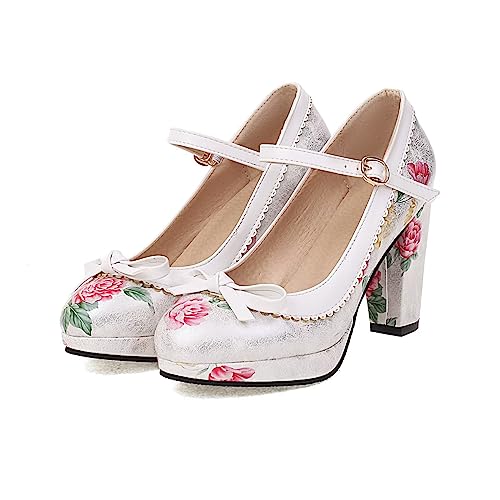 Image of FOREADA Lolita Bow Platform High Heel Women Rockabilly Mary Jane Dress Pump | Boasts soft kawaii retro vintage lolita tea party aesthetic, with block heel ,bow, round toe versatile style for dress wear