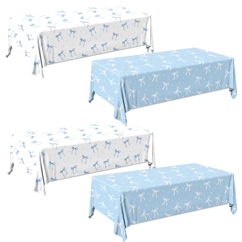 Image of 4Pcs Blue Bow Tablecloth,Coquette Birthday Decorations Blue and White Bow Table Cover Plastic Rectangle Table Cloth for Women Girls Birthday Engagement Decor