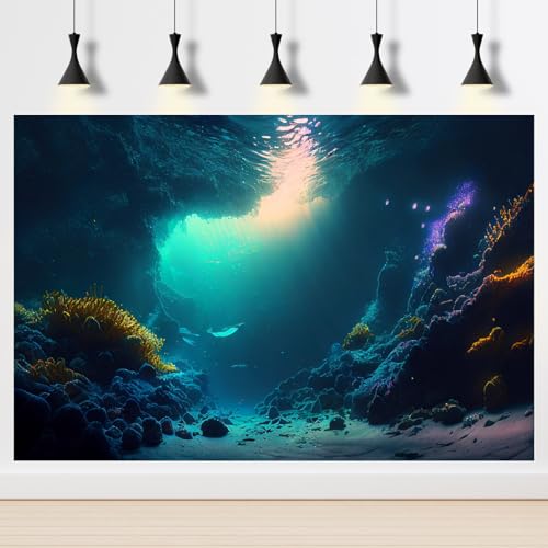 Image of Ocean Floor Fish Tank Background Underwater Stone Aquarium Background Under Water Cave Sunlight Fish Tank Backdrop Decoration Seaweed Aquarium Backdrop Durable Vinyl 36x20in