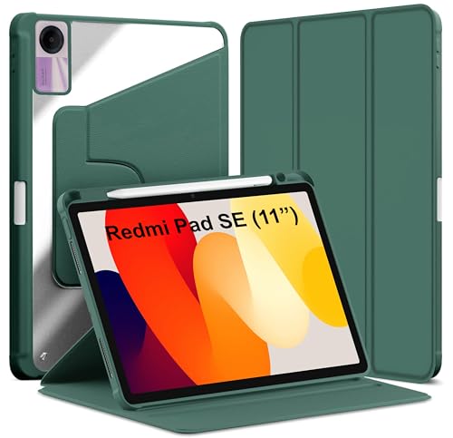 Image of TGK Rotating Case for Redmi Pad SE 11 inch with Pencil Holder 360 Degree Rotation Protective Trifold Stand Cover Clear Back (Forest Green)