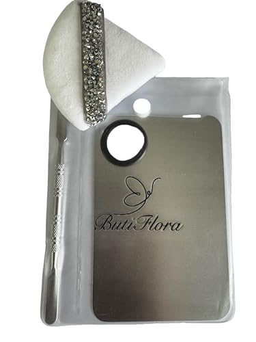 ButiFlora Makeup Mixing Palette & Shimmering Rhinestone Triangle Puff, Stainless Steel Metal Mixing Tray With Spatula Artist Tool for Mixing Foundation Nail-Art