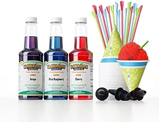 Hawaiian Shaved Ice Syrup Assortment with 3 - 16oz Bottles, 25 Snow Cone Cups, 25 Spoon Straws, and 3 Pouring Spouts. Flavors: Cherry, Blue Raspberry, and Grape. Allergy-friendly.