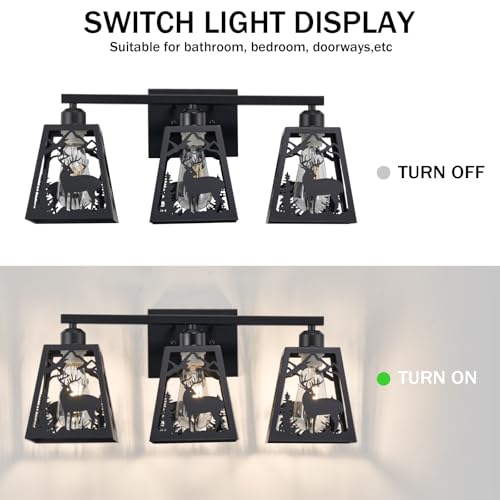 Image of Rustic Bathroom Light Fixtures, 3-Light Farmhouse Vanity Lamp with Deer Design and Openwork Engraved Metal Shade, Wall Lighting for Bathroom, Hallway, Kitchen, Porch