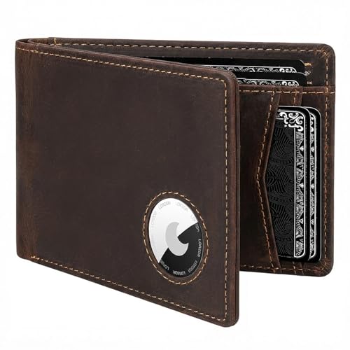 Image of LORZOR Mens Wallet with AirTag Holder, Bifold Full Grain Leather Minimalist Front Pocket RFID Blocking AirTag Wallet with ID Window Gift for Men, up to 12 Cards