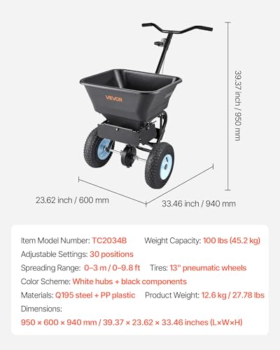Image of VEVOR Broadcast Spreader, 100LBS Capacity, Walk-Behind Push Spreader, 0-9.8ft Spreading Width, 13 in All Terrain Pneumatic Tires, Fertilizer Spreaders with Hopper Grate, for Seed Salt Ice Melt