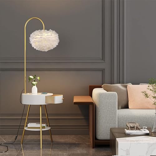 Lámpara de plumas natural, elegante lámpara de pie moderna para dormitorio con acabado dorado 2