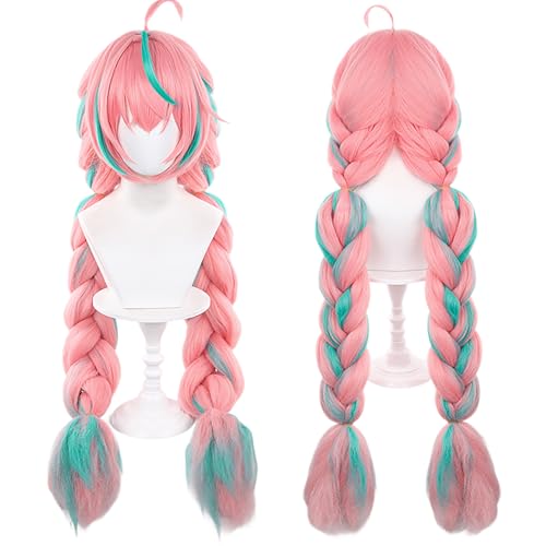 maysuwell Anime Pink Green Mixed Cos Wigs 100cm/39in Women's Big Braid Hair for Adult COS Costume Game Cosplay wig Halloween,Christmas,Comic con,Stage Show,Party