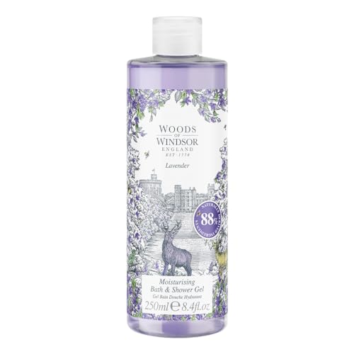 Gel de Baño y Ducha de Lavanda Woods of Windsor, Gel de Ducha para Mujer con Almizcle de Pachulí y Manzanilla, Gel de Baño Limpiador e Hidratante Suave con Vitamina E, Lavanda 250ml