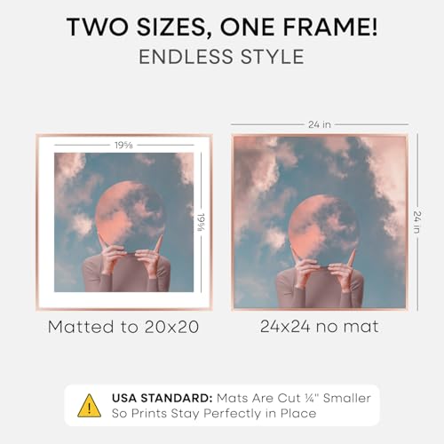 Image of Homeforia 24x24 Picture Frame Rose Gold, High End Metal 24 x 24 Large Square Poster Frame with Mat 20 by 20 inch Photo, 24by24 Thin Frames Matted to 20x20 for Print, Tempered Glass, Wall Kit, Set of 1