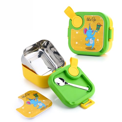 Image of Homeor Stainless Steel Box with Spoon, Tiffin Box for Kids, Airtight BPA Free & Leakproof Lunch Box, Steel Box for School Girls and Boys, Snacks Tiffin for Kids, 500 ML, Yellow & Green