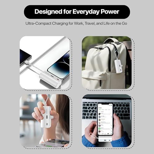 Image of Portable Power Bank 5000mAh with Built-in Type-C Cable, LED Battery Indicator, USB-C Input Port, White