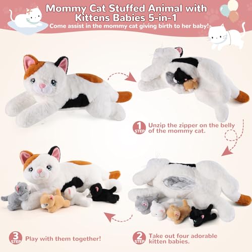 Image of 5 Pieces Cat Stuffed Animals with Babies Inside Belly - 1 Mommy Stuffed Cat with 4 Kittens - Stuffed Kitty Plush Toys for Kids Age 3-8, Gifts Ideal for Christmas, Valentine's, Birthday