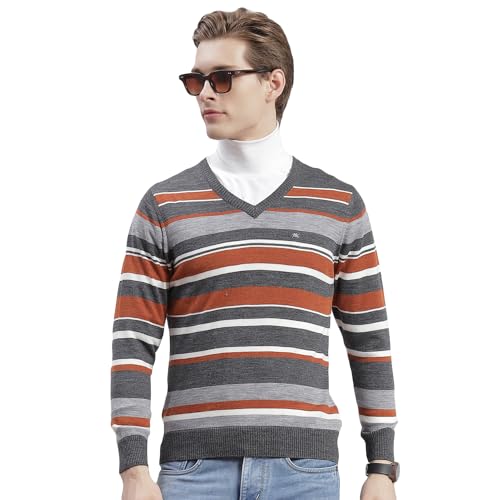 Image of Monte Carlo Royal Blue Striped V Neck Pullover | Warm Woolen Pullover for Men | Soft Comfortable Knitted Winter Wear Sweater for Men's